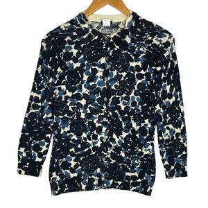 J.Crew 100% Wool Floral Cardigan Blue Cream Rose Print Button Front Womens Small